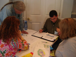 Group of people with reading materials on table training for Rain Garden Program.